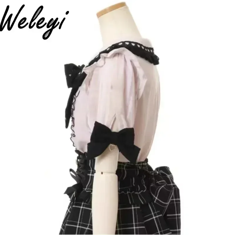 Japanese Sweet Rojita Blouse Woman 2024 Summer Clothes Lace Collar Mine Mass Produced Shoulder Cute Short Sleeve Versatile Shirt