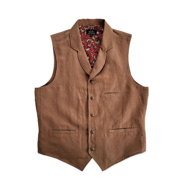 

Men's Vest Suit Collar Linen Cotton Brown Gentlemen Elegant Style Sleeveless Jacket Vintage Waistcoat