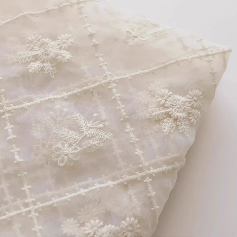 

Beige organza nine-patch floral embroidered dress for sun protection, clothing fabric, DIY tablecloth, decorative fabric