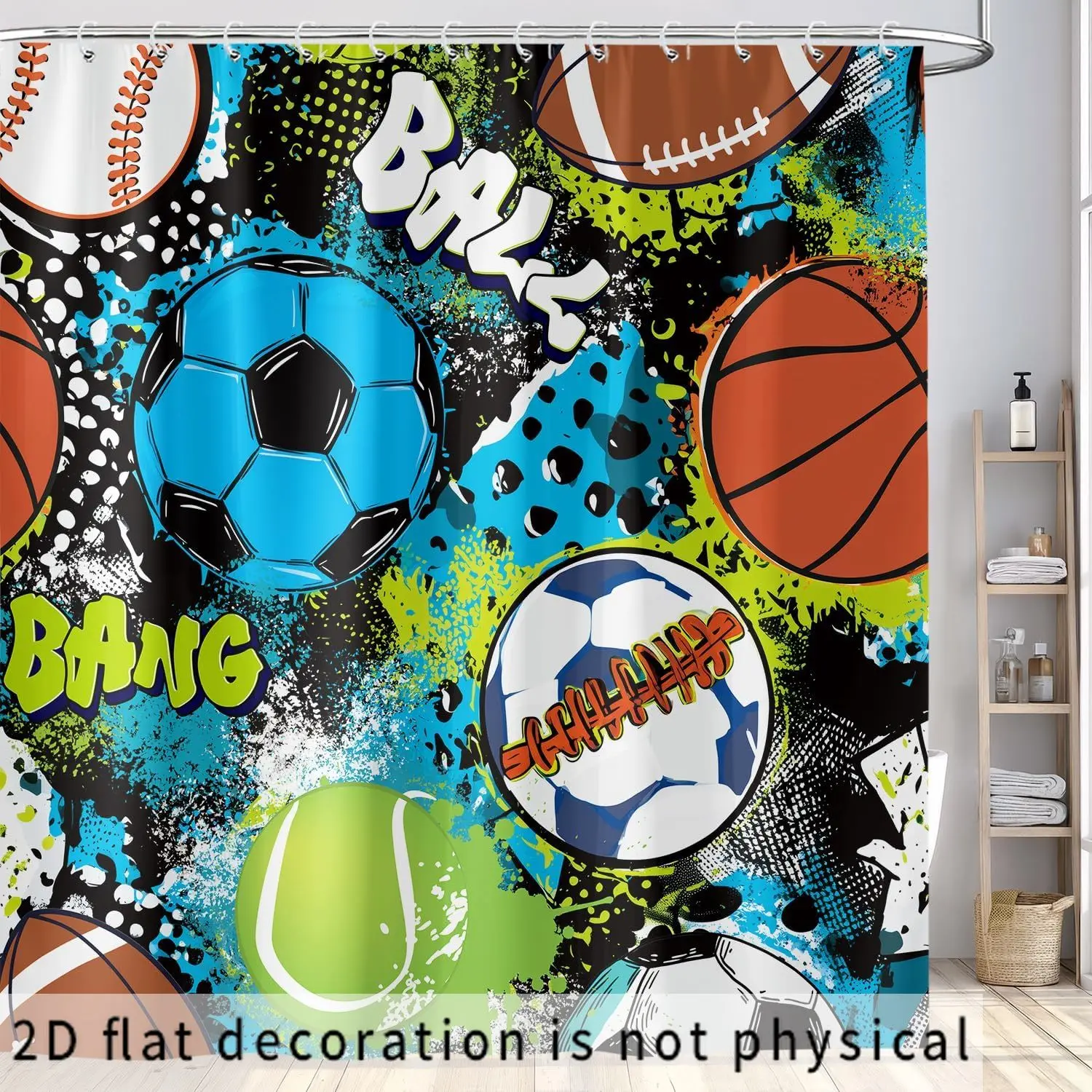 Sports Ball Shower Curtain, Graffiti Soccer Basketball Baseball Print Waterproof Bathroom Decor, Boys Kids Home Bath Screen
