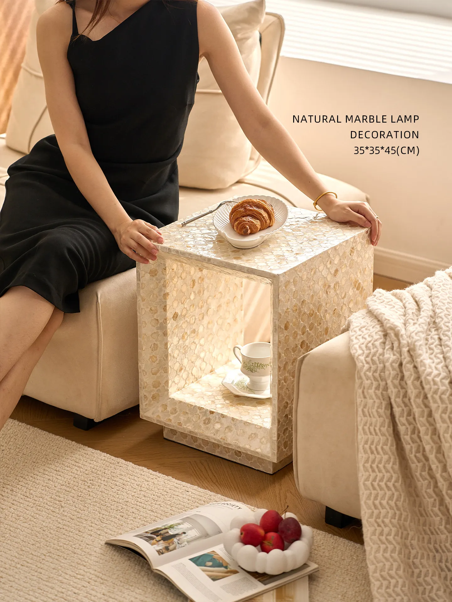 Miyu, creative light luxury fritillary inlaid edge drum stool, living room shell square table, Nanyang wind flower multi-purpose