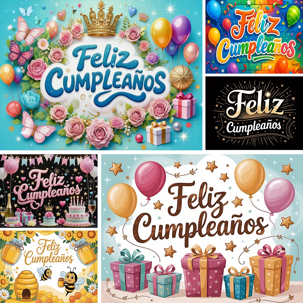 

Spanish Happy Birthday Theme Backdrop Feliz Cumpleaños Party Decoration Photography Banner Photo Studio Supplies Background