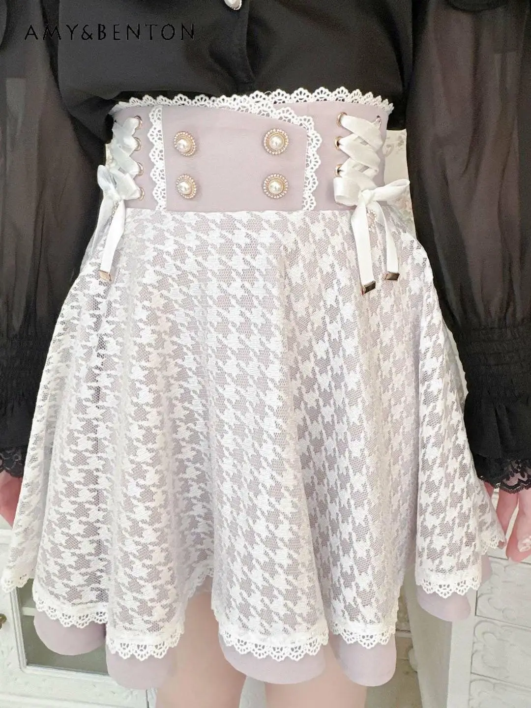 Ribbon Lace Pleated Pearl Buckle Mine Bow Pleated Skirt Japanese Sweet Cute High Waist Slim Mini Skirt Women Kawaii Lolita Skirt