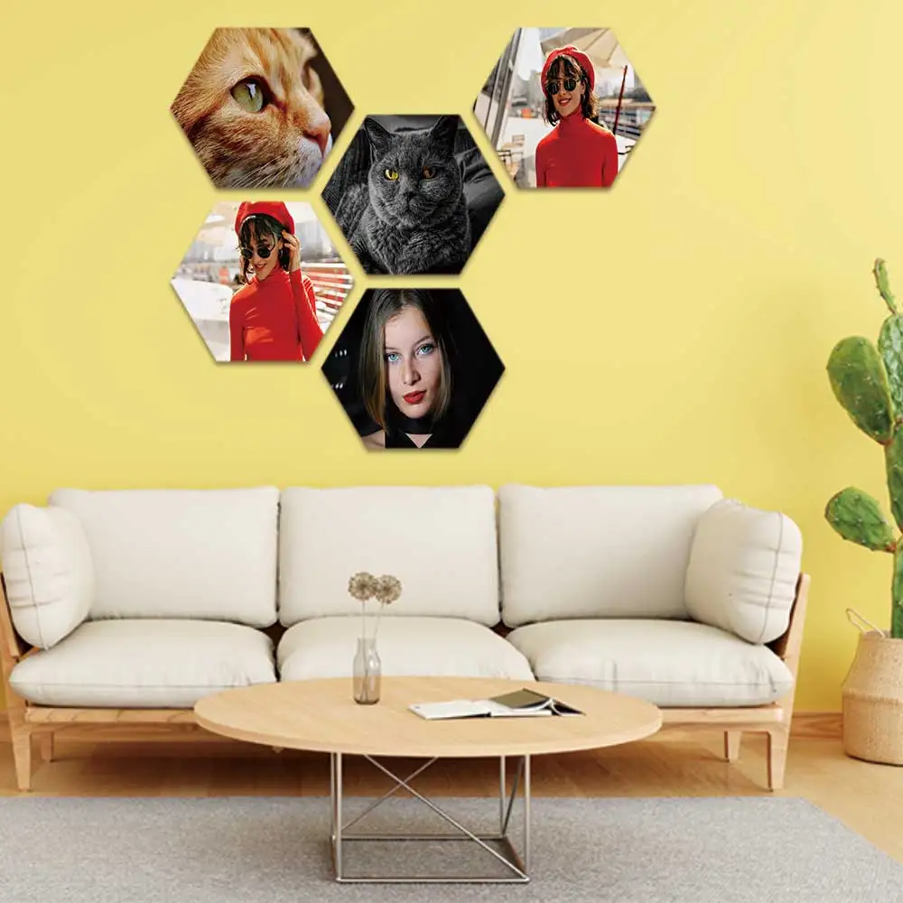 1-6pcs Optional Custom Photo Hexagon Wall Decor Mother's Day Gift Precision Cut PVC No Damage to Wall