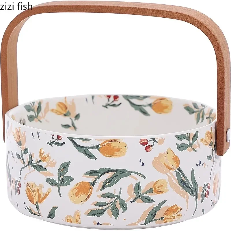 Flower Patterned Ceramic Plate Hand-held Fruit Basket Dried Fruit Plate Octagonal Dessert Plate Snack Plates Steak Plates