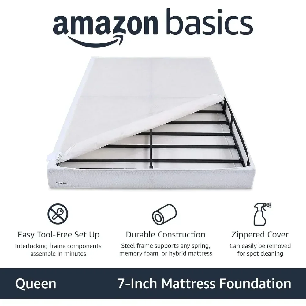 Smart Box Spring Bed Base, Extra Firm Memory Foam Mattress Foundation, Tool-Free Easy Assembly, Queen Size, White,7-inch