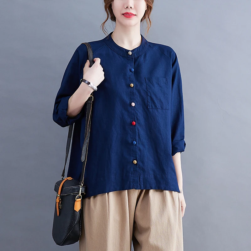   Botón Algodón Lino irt Tallas grandes Mujer Largo Sve Stand Collar Base irt Otoño Lino Top Tamaño completo Mujer Cl...
