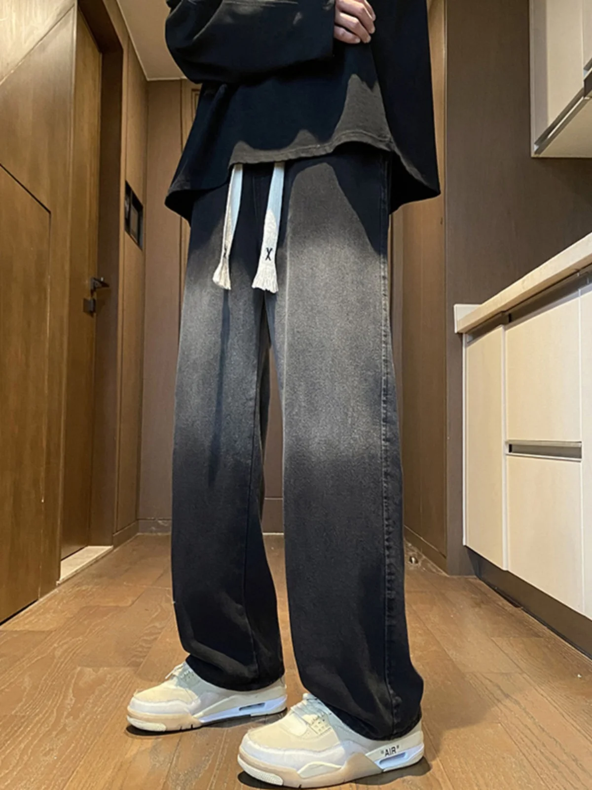 

Washed Gradient Black Jeans Men's Autumnal American Retro Loose Straight Leg Wide Leg Pants High Street Vibe Youth Fashion