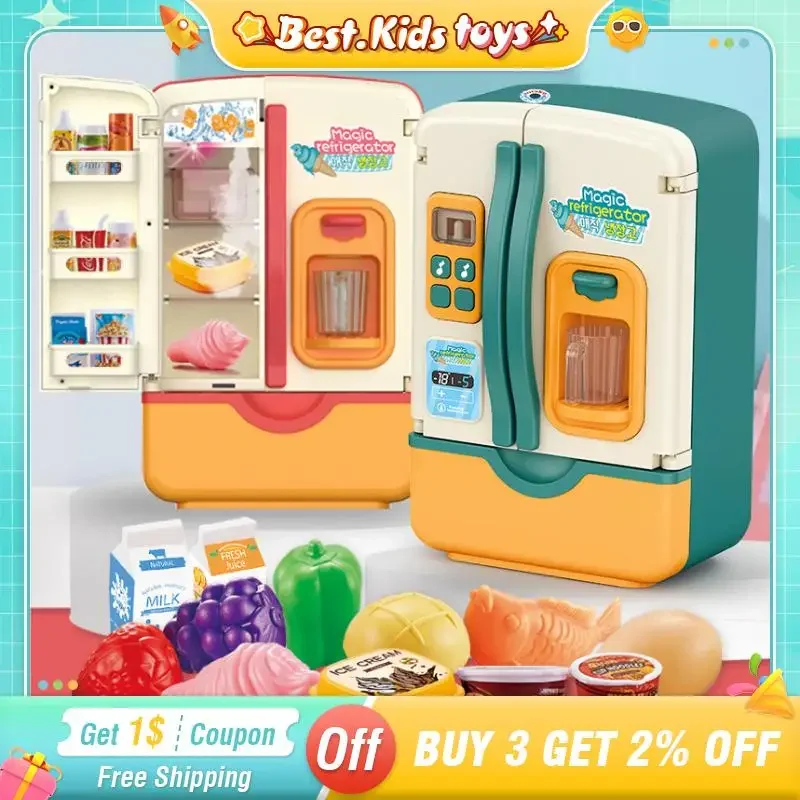Simulation Refrigerator With Light Spray Fruits Food Ice Maker Children Play House Electric Music Kitchen Toys Set Girls Gifts