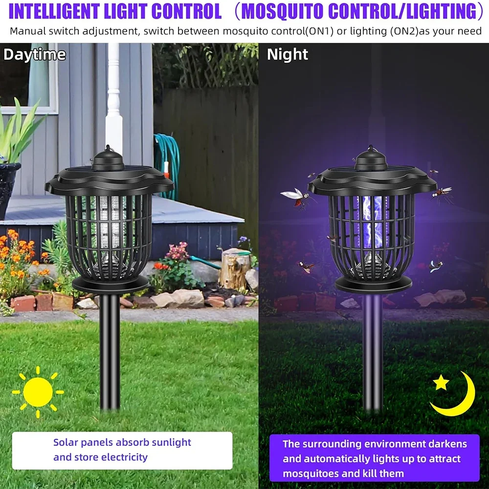 2-in-1 1200mAh LED Solar Light Bug Zapper with 365nm UV Outdoor Waterproof Garden Decor Landscape Lawn Lamp for Outdoor Camping