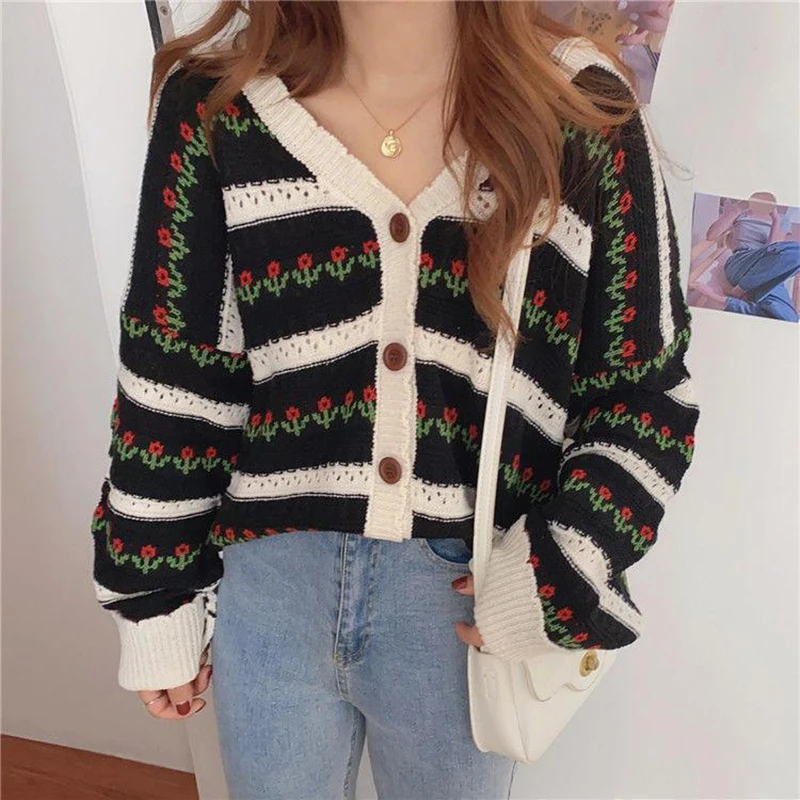Chic Floral Kintted Sweater For Women 2024 Autumn Winter Retro Hollowed Out Long Sleeved Cardigan Coat Female Casual V-Neck Tops