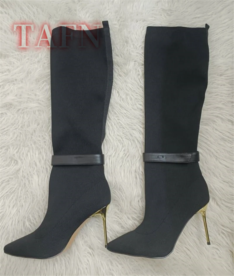 Women Stretch Sock Boots Fashion Monogram Knitting Boots Sexy Pointed Toe Golden Heels Thigh High Botas Fall Winter Shoes Woman view 6