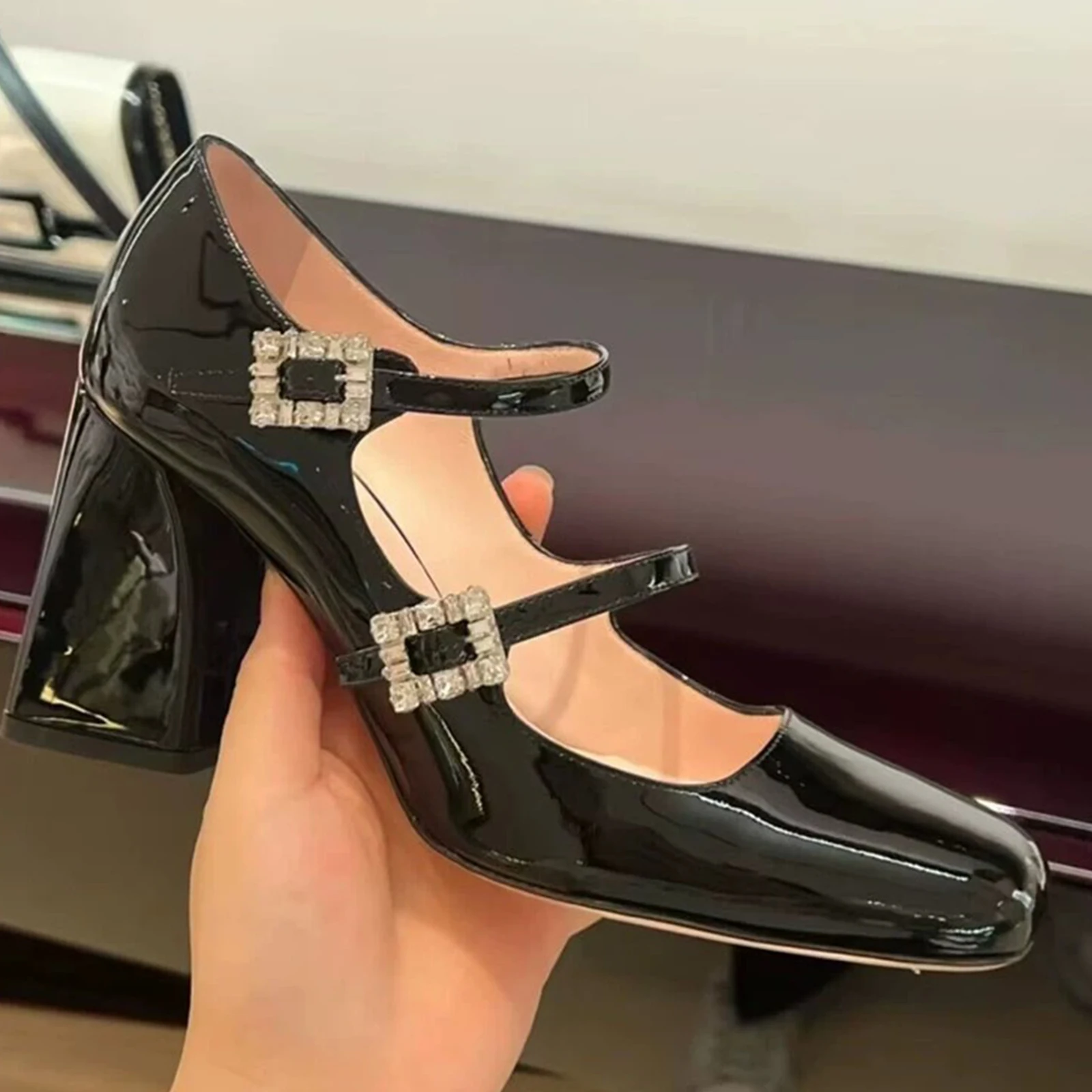 Women Romantic Lazy Chunky Heel Mary Jane Square-toe High-heeled Shoes Elegant One-piece Patent Leather Office with Rhinestones