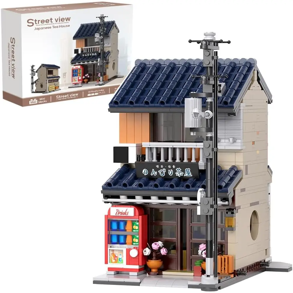 Party Favors  Japanese Tea House Mini Building Set with LED - Japanese Street View Simulation Architecture Construction ,Mini Brick 1219pcs，Incompatible with LEGO view 2