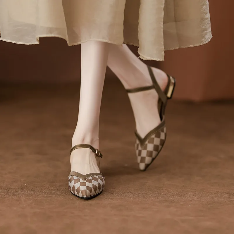 

Gorasion 2025 New Summer Women's Flip Flops Pointed Toe Genuine Sheepskin Shallow Single Toe Thick-heeled One-strap Flat Shoes