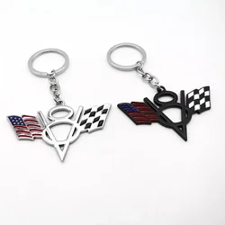 3D Metal V8 Flag Logo Keychain Keyring Car Emblem Badge Key Rings Holder for Chevrolet Doge Jeep Ford Accessories