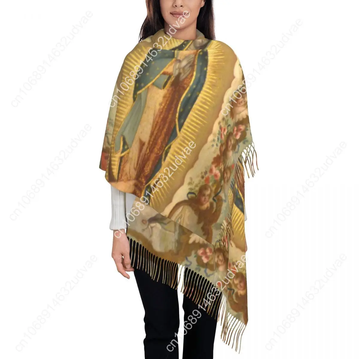 

Custom Virgin Of Guadalupe Virgin Mary Tassel Scarf Women Soft Mexico Catholic Saint Shawl Wrap Female Winter Fall Scarves