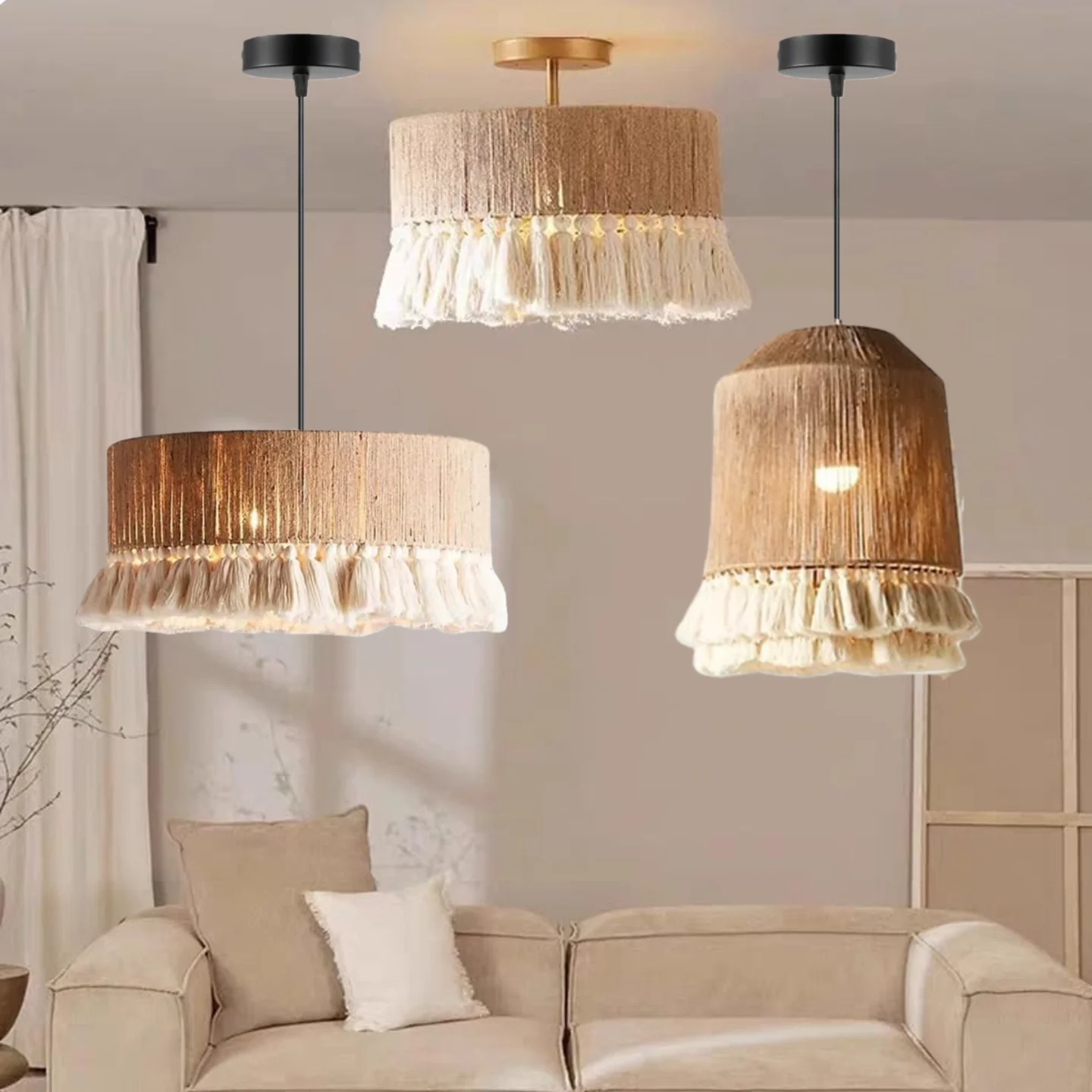 

JOYINLED Hand Woven Hemp Rope Chandelier 30/40/50/60cm Large Drum Pendant Light with Tassel Boho Farmhouse Lighting E27 Lamp