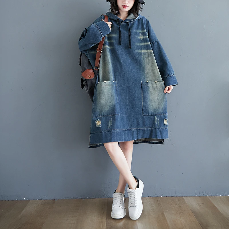 Retro Hole Denim Dress plus Size Autumn Winter Women's Clothing Loose Long Sleeve Hooded Dress Conceal Meat Slimming Dress 3