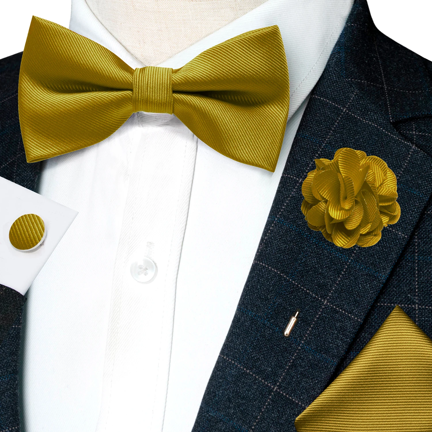 Hochzeits-Fliege für Herren, einfarbig rosa, vorgebundene Fliege, Einstecktuch, Manschettenknöpfe, Corsage-Set, Party, Business, Seiden-Schmetterlingsknoten, Geschenk – Detail 12