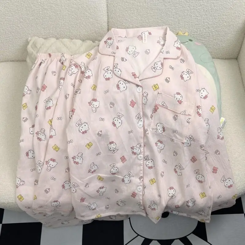 

Пижама Sanrio Hello Kitty из хлопка Cloud Cotton для женщин и студенток, популярная новинка, корейский стиль, с длинными рукавами и брюками, повседневная, для сна весной и осенью