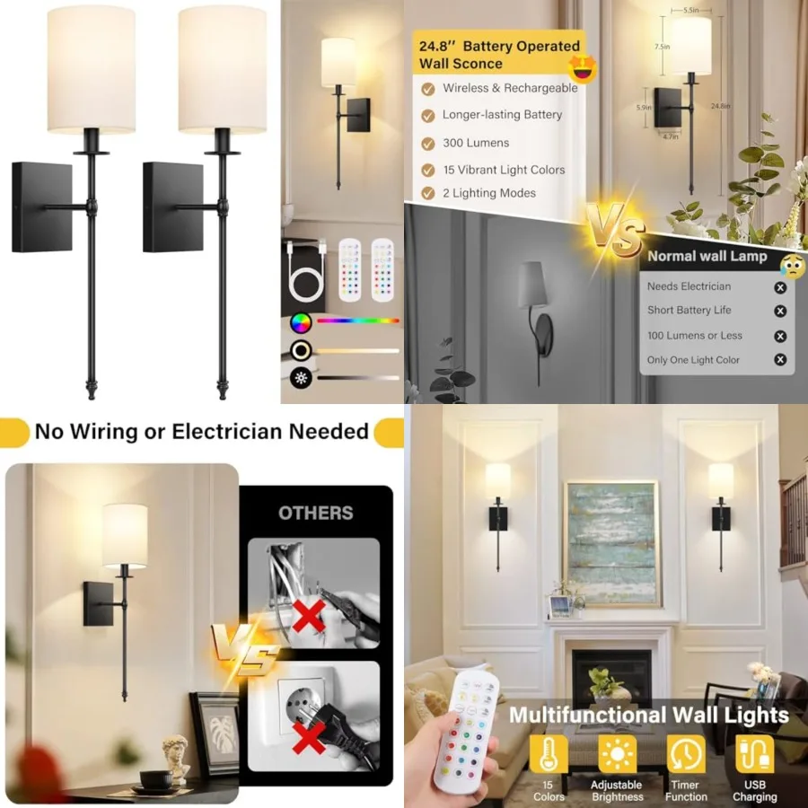 

Black Battery Operated Wall Sconces Set of 2, Rechargeable Wireless Wall Lights with Remote and White Fabric Shade, door Not Ha
