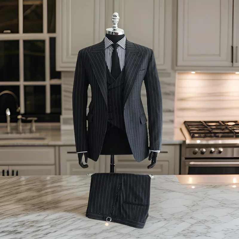 

Stripe Men Suits for Business 2024 3 Pcs Wedding Tuxedo Custom Made Groom Male Fashion Costume (Jacket + Pants + Vest)