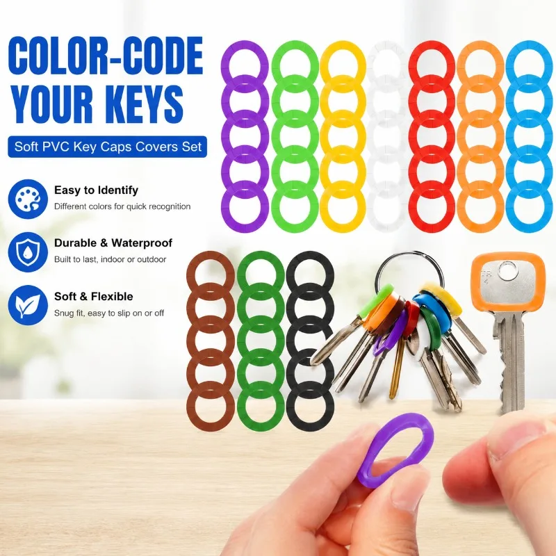 Soft PVC Key Caps Covers Tags Set, Flexible Colored Key Identifiers Rings, Durable Waterproof Key Color Labels for Keys