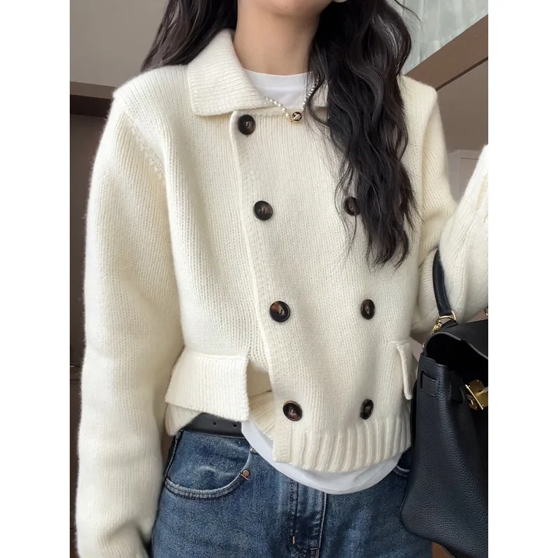 

Женская одежда, осенне-зимняя мода, простота пуговиц, однотонный вязаный женский универсальный модный пуловер с отложным воротником