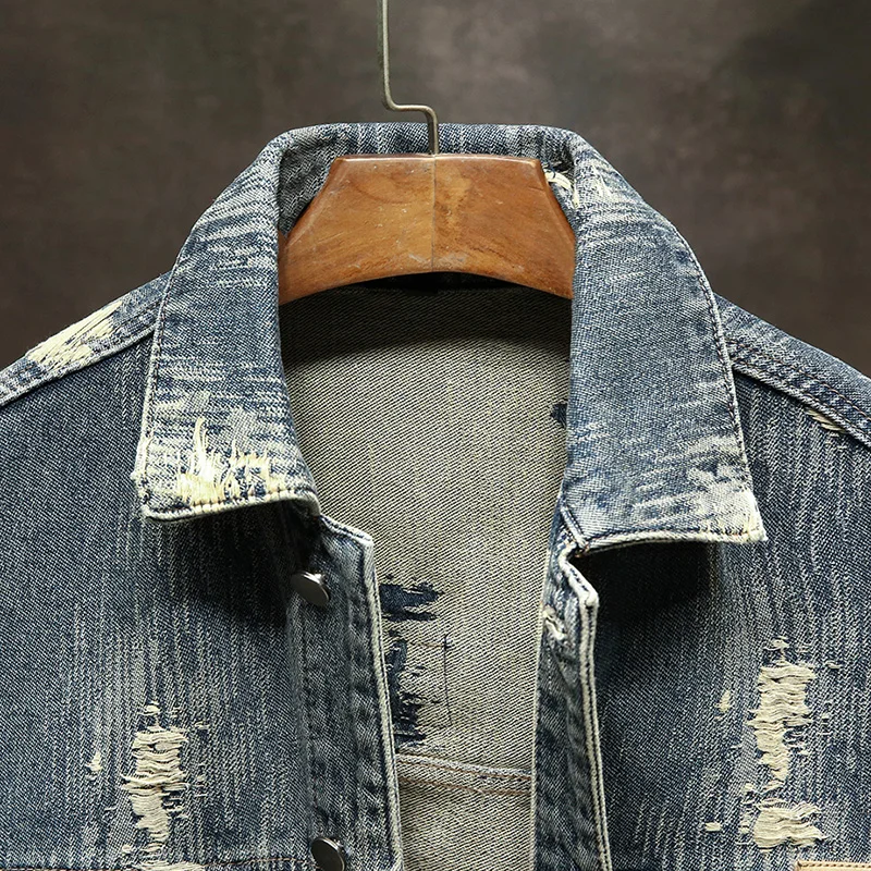 Blue Vintage Worn Looking Washed-out Worn Denim Coat for Men 2024 New Fashion Trendy Loose Y2K Jacket