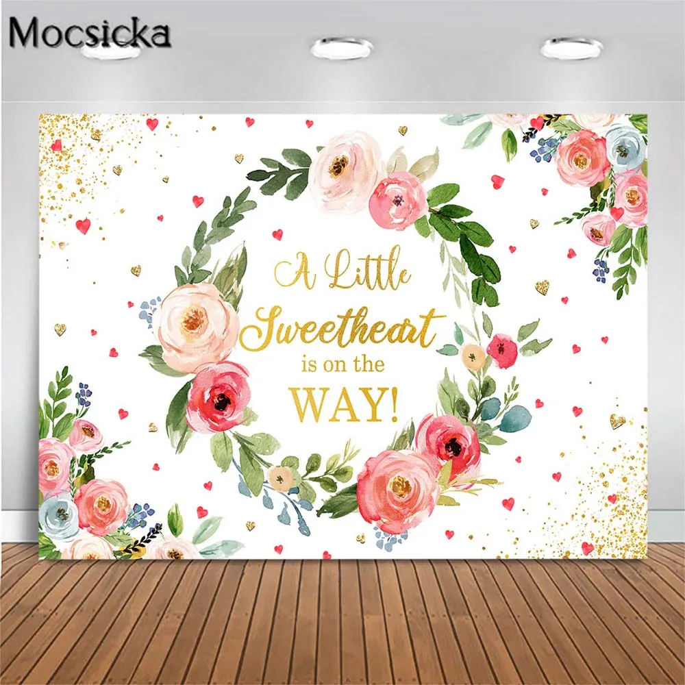 Mocsicka Little Sweetheart Baby Shower Backdrop Green Leaf Wreath Baby Birthday Photography Background Custom Banner Party Decor