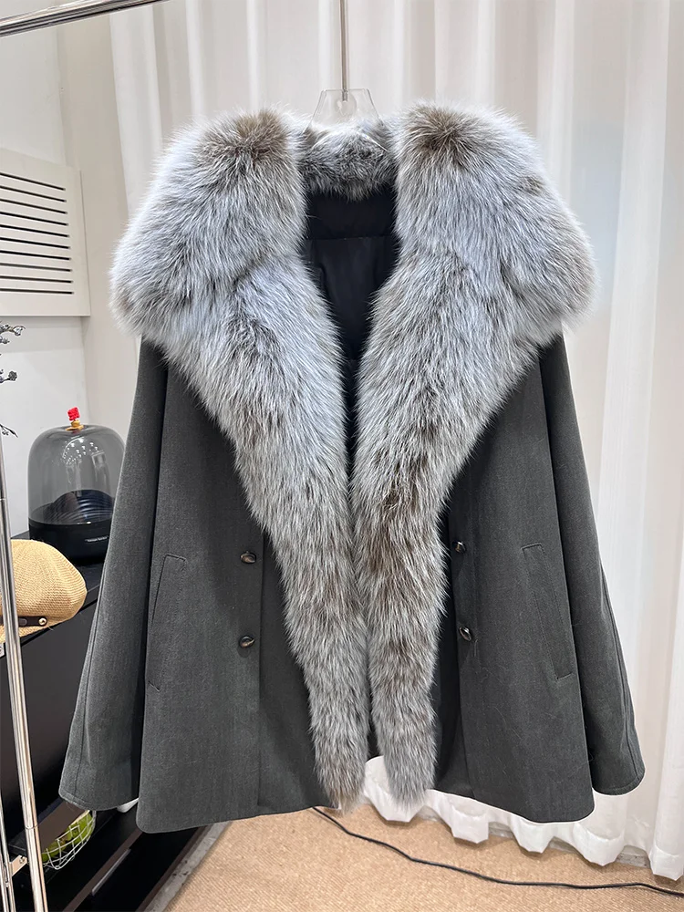 

2025 Winter New Fashion Natural Fox Fur Collar Goose Down Parkas Jacket Womens Luxury Mid length Puffer Jackets Clothing