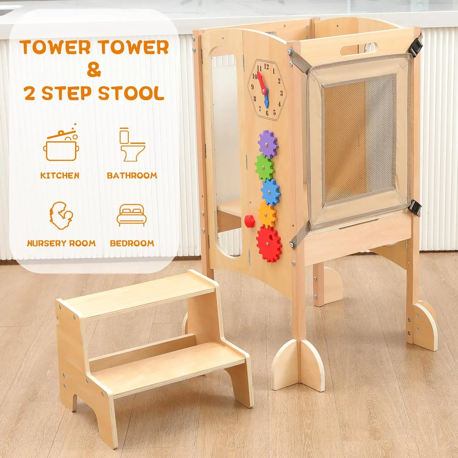 Tower, Foldable Toddler Kitchen Stool Helper with 2 Step Stool, Wooden Toddler Stool with Safety Net, Adjustable Height, Chalk-W