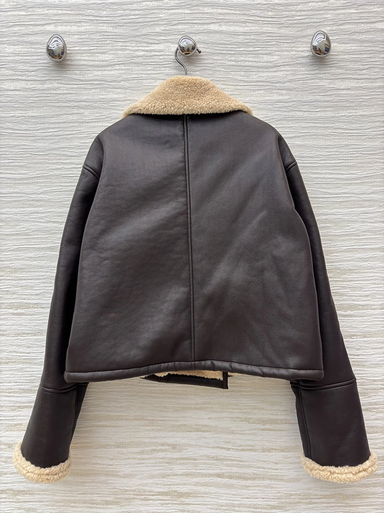 SVORYXIU خريف شتاء نمط جديد عميق القهوة اللحاء مطابقة أفخم طوق امرأة سترة جلدية سوداء الموضة #3