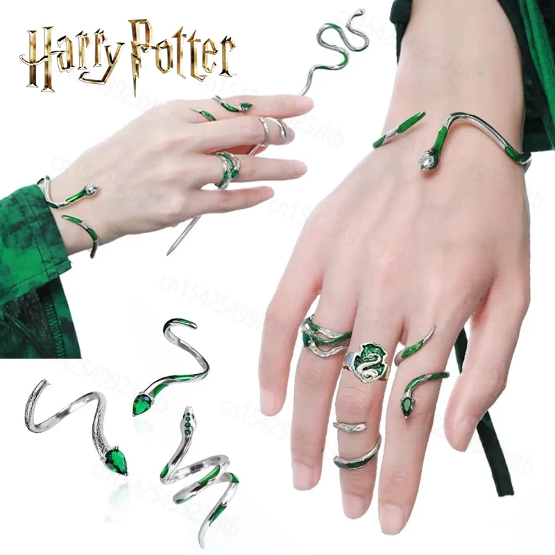 2025 Magic Finger Wrap Spirit Snake Ring Harries Slytherin Snake Opening Adjustable Ring Green Zircon Potters Charms Jewelry