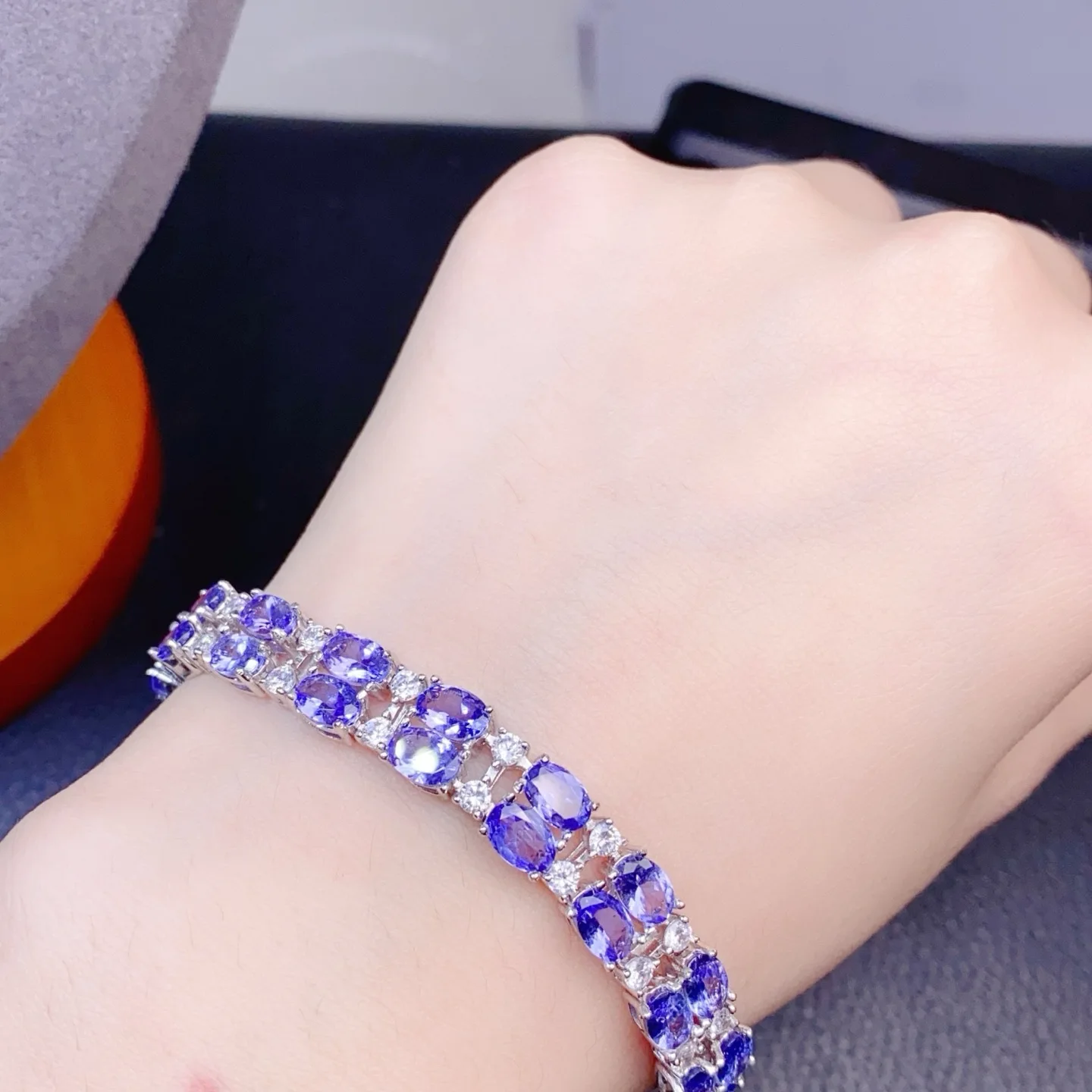Natural Tanzanite Tennis Bracelet,S925 Silver Inlay 4*6mm Main Stone,Luxury Channel‑Set Gem Bracelet for Women