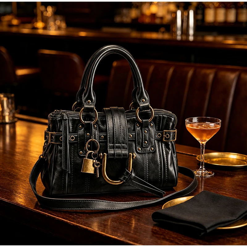 Lock Key Rivet Decoration Crossbody Shoulder Bag,Women Vintage Handbag,Solid Color Metal Studded Casual Tote Bag,Black,Brown