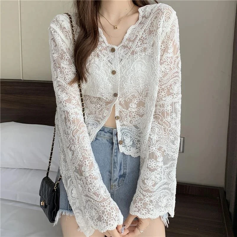 MEXZT Vintage Crop Lace Blouses Women Sheer Long Sleeve Sunscreen Shirts Cardigan Vacation Korean Elegant Sun Protection Tops