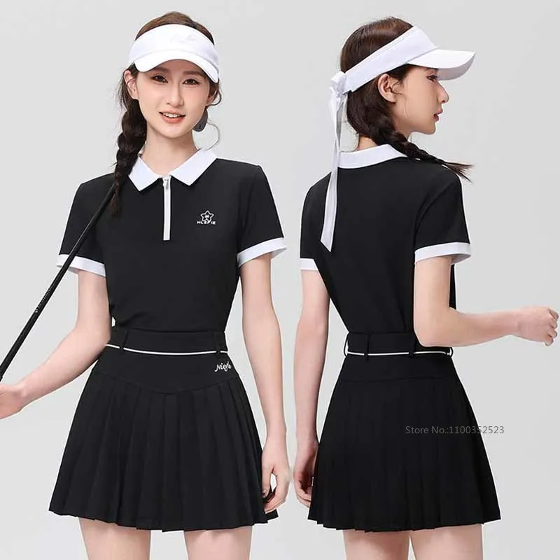 Niefle Women Golf Short Sleeve T-shirt Summer Golf Zipper Polo Shirt Quick-dry Slim Tops Lady Pleated A-lined Tennis Skirt Suit