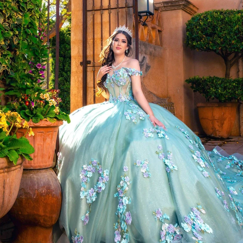 Light Green Princess Quinceanera Dress Ball Gown Off The Shoulder Lace Applique Beading Tull Corset Sweet 16 Vestido 15 De Años