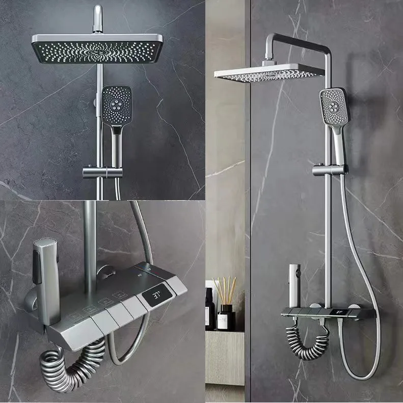 Gun Grey Piano Design Brass Bathtub Shower Set Thermostat Digital Display Smart Shower Faucet