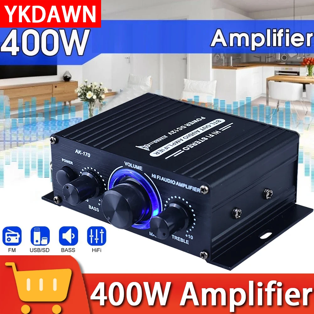 

YKDAWNHome Digital Amplifiers Hifi Stereo Audio Power Amplifier 200W+200W Dual Channel Power Amp 125x75x40mm 1-2pcs