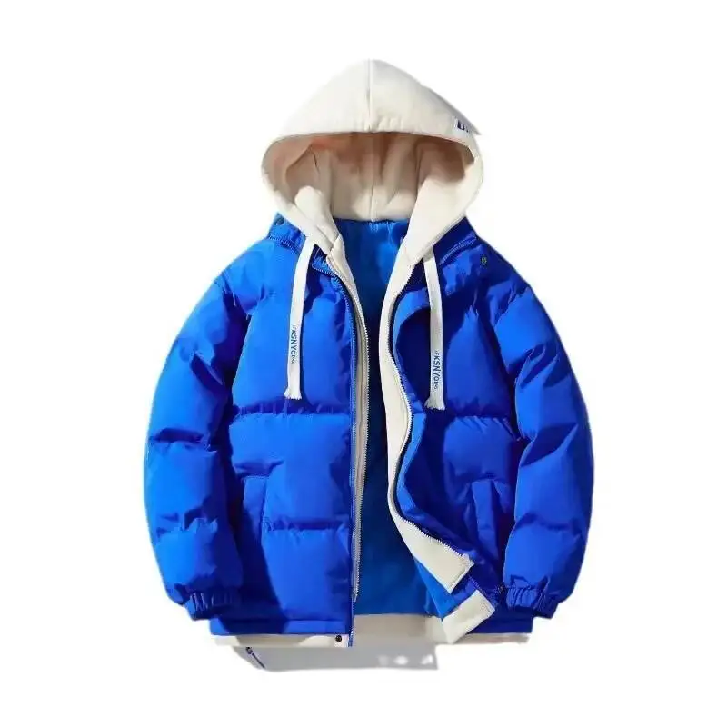 루즈핏 후드 남성용 면 재킷 커플 매칭 겨울 아우터웨어 페이크 투피스 스타일 편안한 캐주얼 스트리트웨어