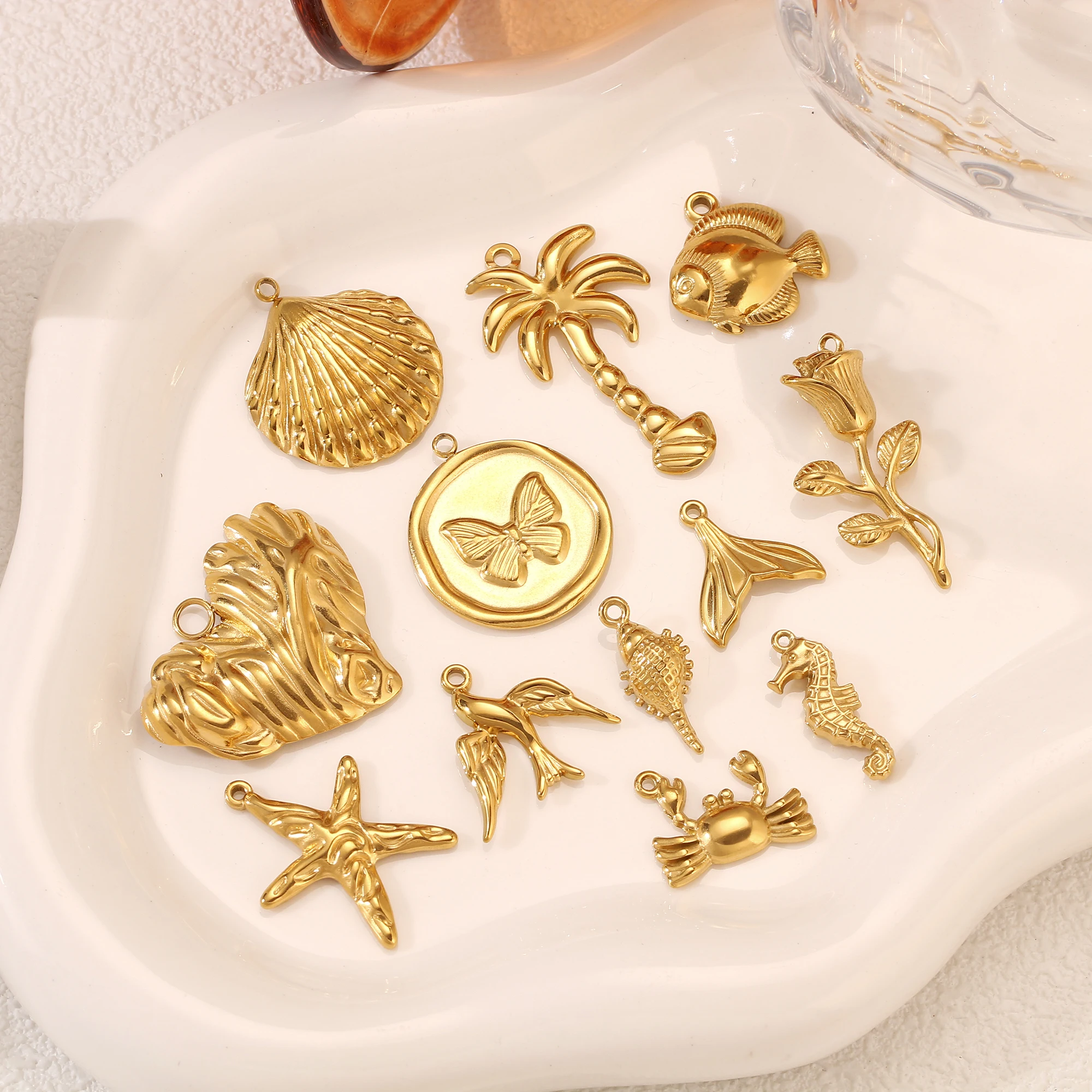 3Pcs Stainless Steel Fish Tail/Shell/Rose/Butterfly Charms Waterproof Gold Color Plated Marine Animal Pendant DIY Jewelry Making - view 3