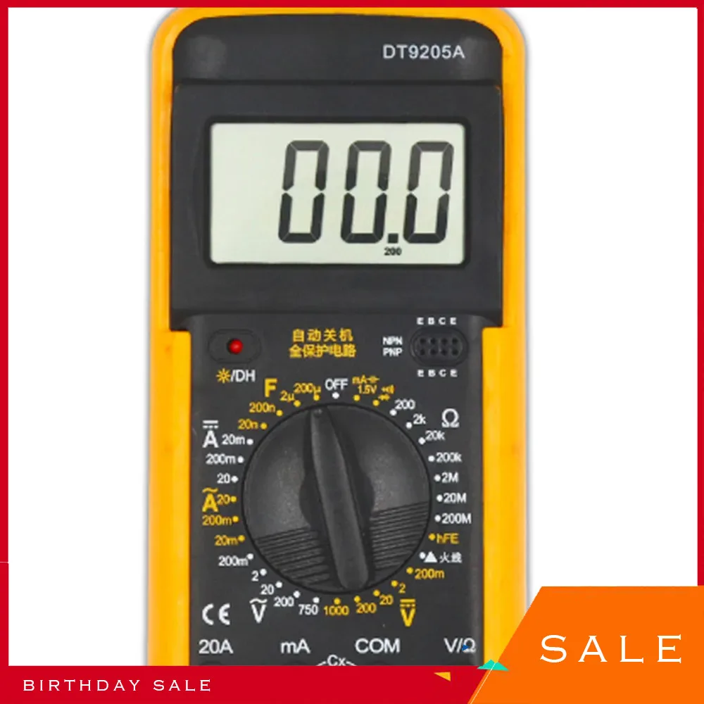 

DT9205A Professional Digital Multimeter LCD Portable Electric Ampeter Voltmeter Resistance Capacity hFE Tester AC DC 20A