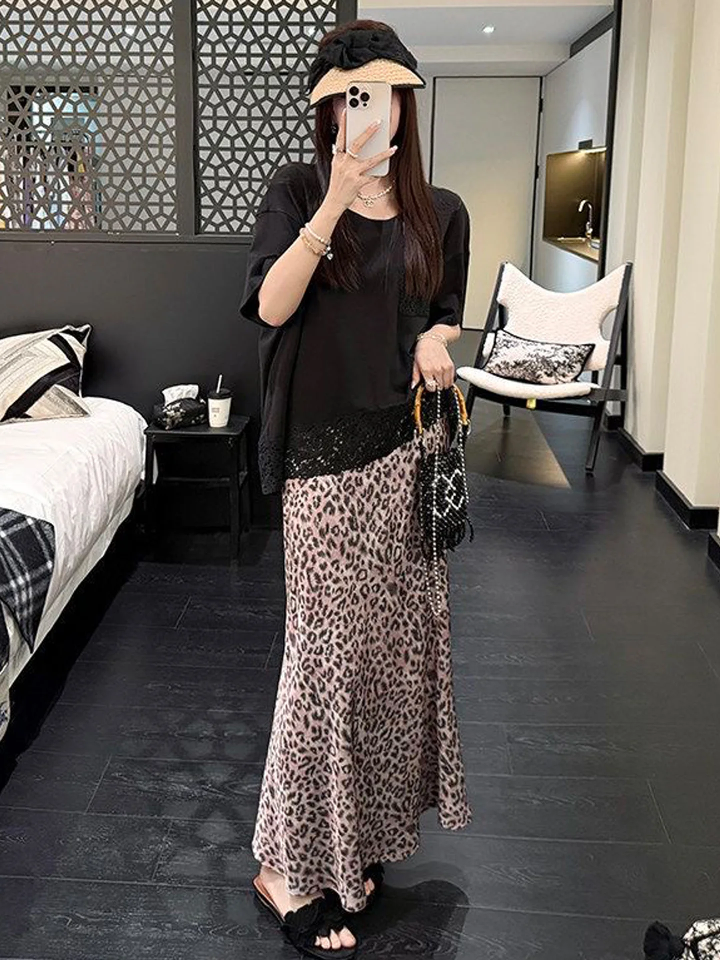 Retro Misty Soft Lazy Pink Satin Leopard Print Half Skirt Women's Slimming A-Line Long Skirt Korean Style Casual Daily Wear