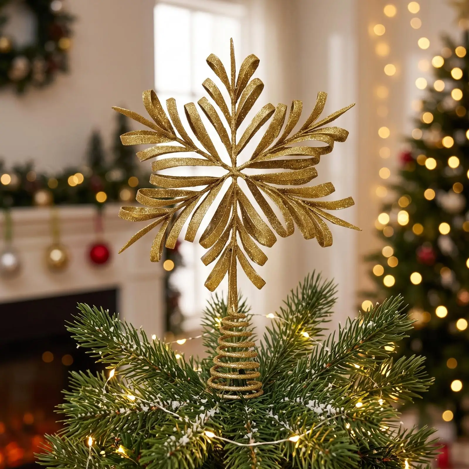Gold Christmas Tree Star Topper Iron Ornament Glittery Finial for Holiday Home Decor