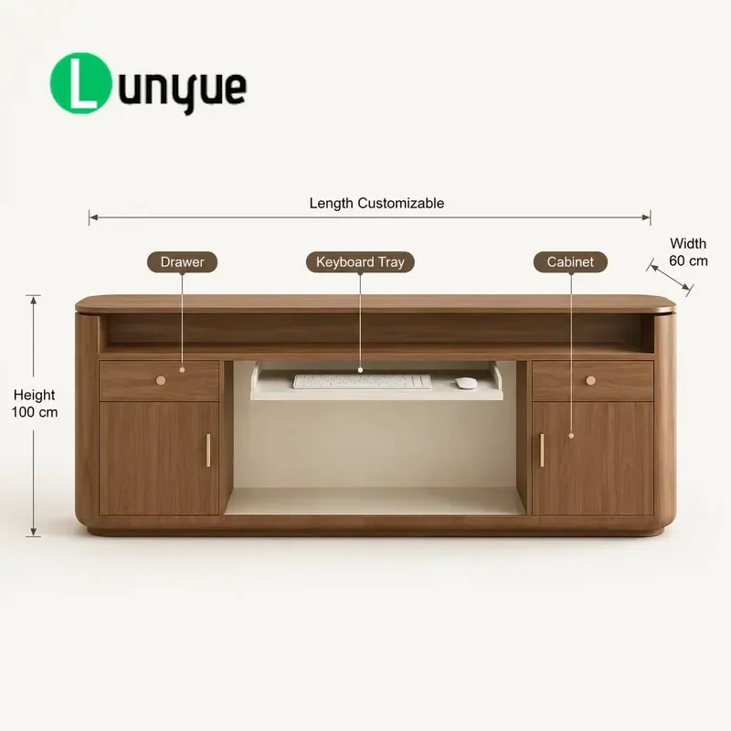 Premium Walnut Wood Front Desk with LED Light Custom Logo Reception Counter for Beauty Salons Cafes Corporate Offices Modern