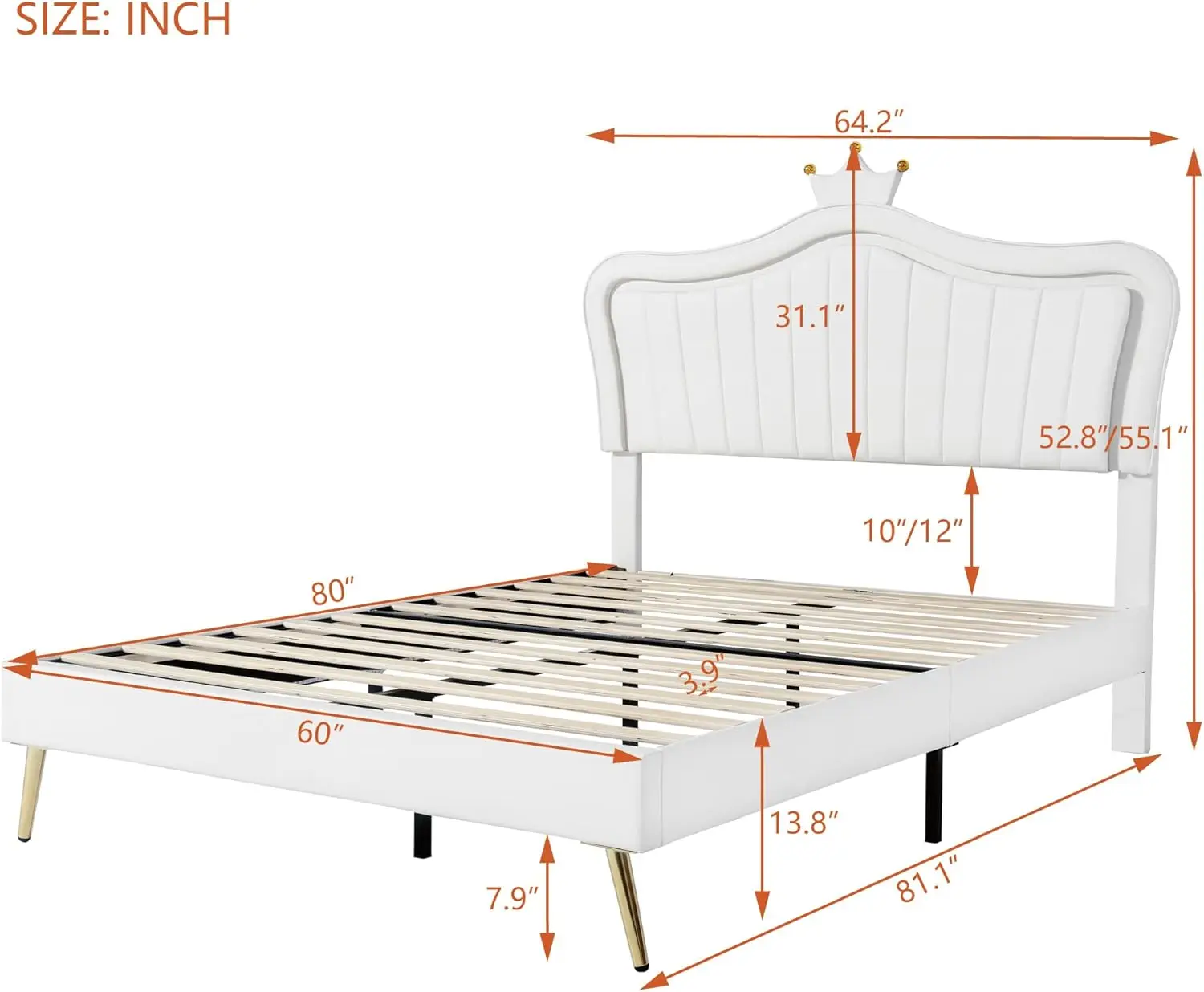 Modern Upholstered Crown Bed, Kids Low Platform Bed With Led Lights, No Box Spring Needed, Queen, White