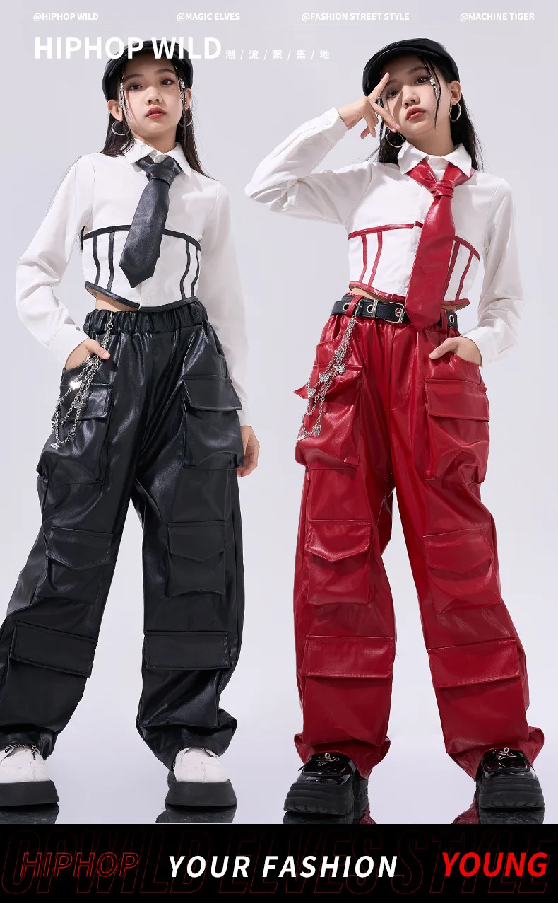 Mädchen Hip Hop Crop Top Pu Leder Cargo Hosen Kind Schuluniform Kostüme Kinder Streetwear Jazz K-pop Street Dance kleidung Sets – Detail 2